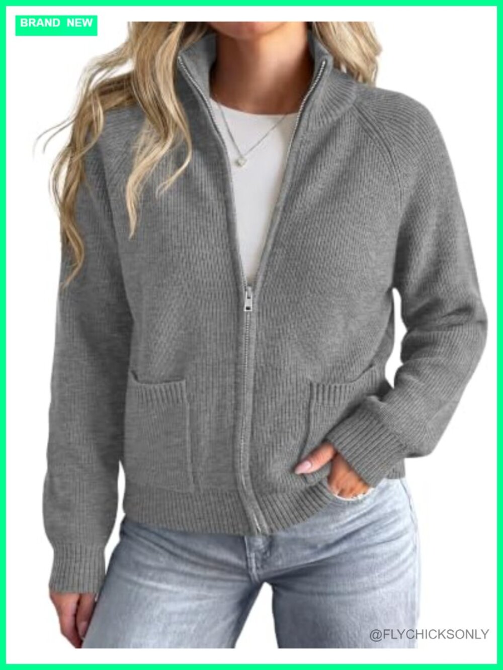Women's Zip Up Chunky Knit Cardigan with Pockets Loose Fit Long Sleeve Fall